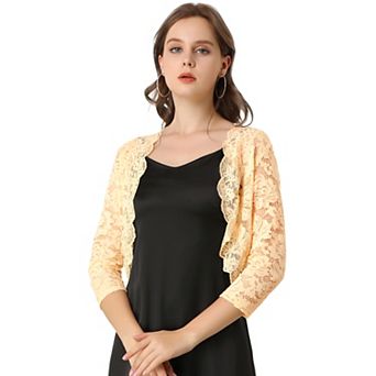 Women's Elegant 3/4 Sleeve Sheer Lace Floral Open Front Shrug Top Light Beige X LARGE