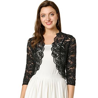 Women's Elegant 3/4 Sleeve Sheer Lace Floral Open Front Shrug Top