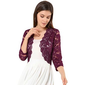 Women's Elegant 3/4 Sleeve Sheer Lace Floral Open Front Shrug Top