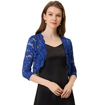 Women's Elegant 3/4 Sleeve Sheer Lace Floral Open Front Shrug Top
