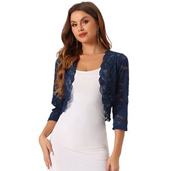 Women's Elegant 3/4 Sleeve Sheer Lace Floral Open Front Shrug Top