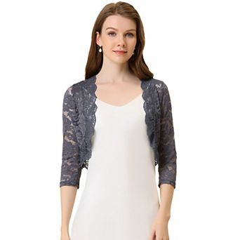 Women's Elegant 3/4 Sleeve Sheer Lace Floral Open Front Shrug Top