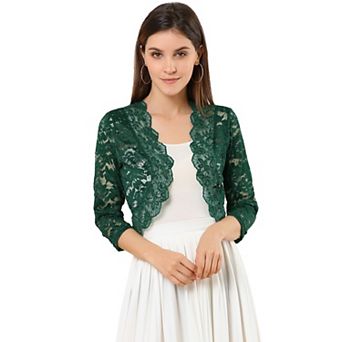 Women's Elegant 3/4 Sleeve Sheer Lace Floral Open Front Shrug Top