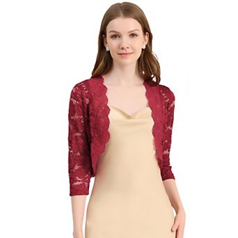 Women's Elegant 3/4 Sleeve Sheer Lace Floral Open Front Shrug Top