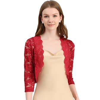 Women's Elegant 3/4 Sleeve Sheer Lace Floral Open Front Shrug Top