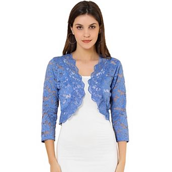 Women's Elegant 3/4 Sleeve Sheer Lace Floral Open Front Shrug Top