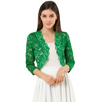 Women's Elegant 3/4 Sleeve Sheer Lace Floral Open Front Shrug Top