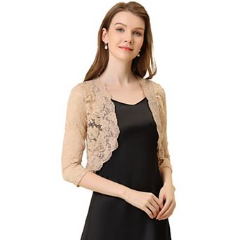 Women's Elegant 3/4 Sleeve Sheer Lace Floral Open Front Shrug Top