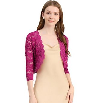 Women's Elegant 3/4 Sleeve Sheer Lace Floral Open Front Shrug Top