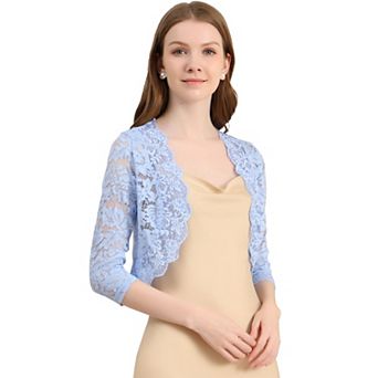 Women's Elegant 3/4 Sleeve Sheer Lace Floral Open Front Shrug Top Light Beige X LARGE