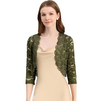 Women's Elegant 3/4 Sleeve Sheer Lace Floral Open Front Shrug Top