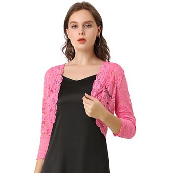 Women's Elegant 3/4 Sleeve Sheer Lace Floral Open Front Shrug Top