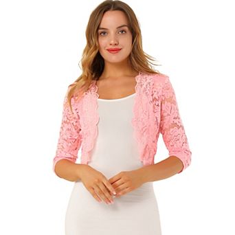 Women's Elegant 3/4 Sleeve Sheer Lace Floral Open Front Shrug Top