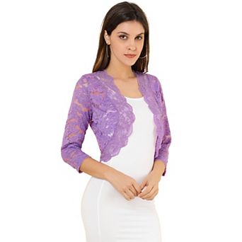 Women's Elegant 3/4 Sleeve Sheer Lace Floral Open Front Shrug Top