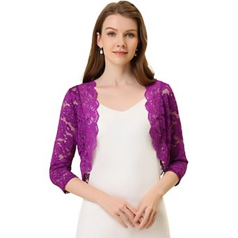 Women's Elegant 3/4 Sleeve Sheer Lace Floral Open Front Shrug Top