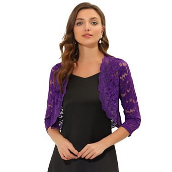 Women's Elegant 3/4 Sleeve Sheer Lace Floral Open Front Shrug Top