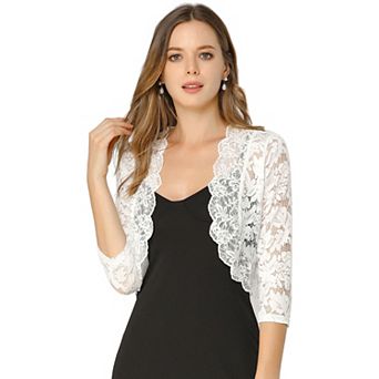 Women's Elegant 3/4 Sleeve Sheer Lace Floral Open Front Shrug Top