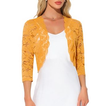 Women's Elegant 3/4 Sleeve Sheer Lace Floral Open Front Shrug Top