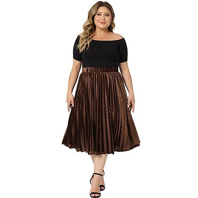 Plus Size Women Elastic Waist Metallic Accordion Midi Pleated Velvet Skirt