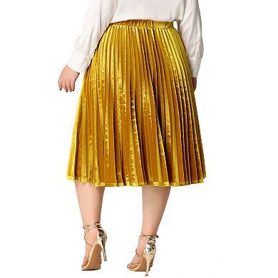 Plus Size Women Elastic Waist Metallic Accordion Midi Pleated Velvet Skirt