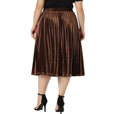 Plus Size Women Elastic Waist Metallic Accordion Midi Pleated Velvet Skirt