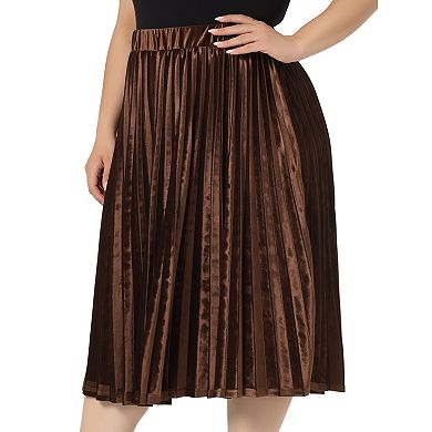 Plus Size Women Elastic Waist Metallic Accordion Midi Pleated Velvet Skirt