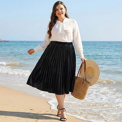 Plus Size Women Elastic Waist Metallic Accordion Midi Pleated