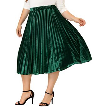 Plus Size Women Elastic Waist Metallic Accordion Midi Pleated Velvet Skirt