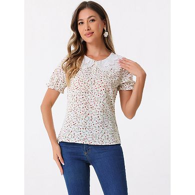Women's Floral Vintage Ruffled Short Sleeve Peter Pan Blouse