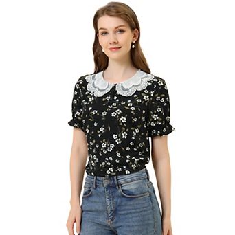 Women's Floral Vintage Ruffled Short Sleeve Peter Pan Blouse