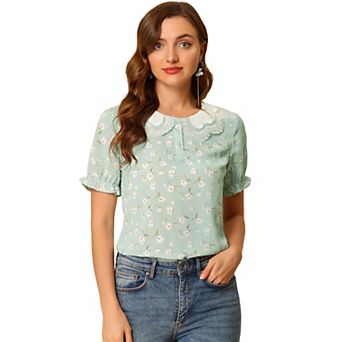 Women's Floral Vintage Ruffled Short Sleeve Peter Pan Blouse