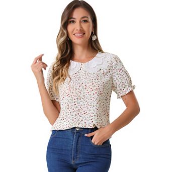 Women's Floral Vintage Ruffled Short Sleeve Peter Pan Blouse