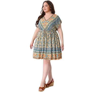 Women's Plus Dress Boho Placed Pattern V Neck Drop Shoulder Drawstring Waist Dresses