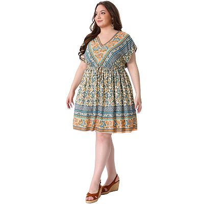 Women's Plus Dress Boho Placed Pattern V Neck Drop Shoulder Drawstring Waist  Dresses