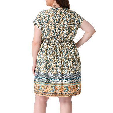 Women's Plus Dress Boho Placed Pattern V Neck Drop Shoulder Drawstring Waist Dresses