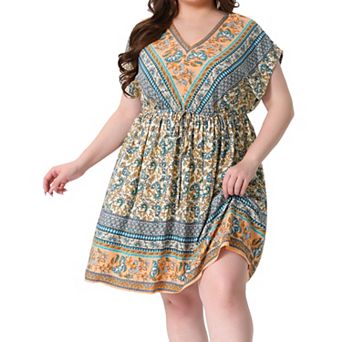 Women's Plus Dress Boho Placed Pattern V Neck Drop Shoulder Drawstring Waist Dresses