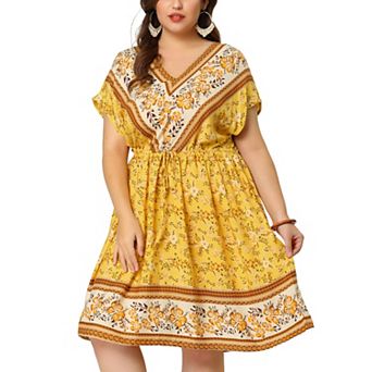 Women's Plus Dress Boho Placed Pattern V Neck Drop Shoulder Drawstring Waist Dresses