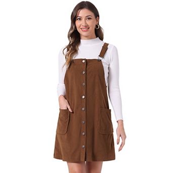 Women's Corduroy Straps Pinafore Button Decor Overall Dress