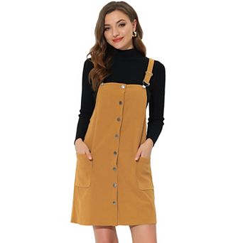 Women's Corduroy Straps Pinafore Button Decor Overall Dress