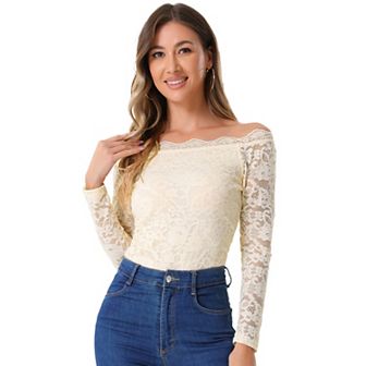 Off Shoulder Floral Lace Top For Women's Sheer Long Sleeves Slim Fit Casual Blouse