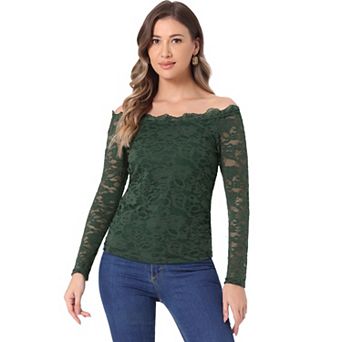 Off Shoulder Floral Lace Top For Women's Sheer Long Sleeves Slim Fit Casual Blouse