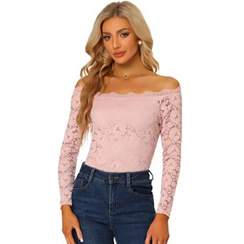 Off Shoulder Floral Lace Top For Women's Sheer Long Sleeves Slim Fit Casual Blouse