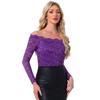 Off Shoulder Floral Lace Top For Women's Sheer Long Sleeves Slim Fit Casual Blouse