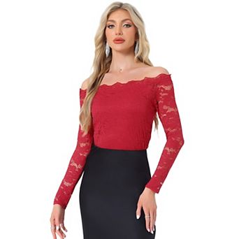 Off Shoulder Floral Lace Top For Women's Sheer Long Sleeves Slim Fit Casual Blouse