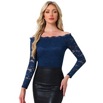Off Shoulder Floral Lace Top for Women's Sheer Long Sleeves Slim Fit Casual Blouse