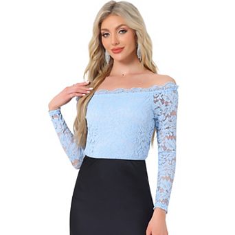 Off Shoulder Floral Lace Top for Women's Sheer Long Sleeves Slim Fit Casual Blouse