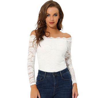 Off Shoulder Floral Lace Top For Women's Sheer Long Sleeves Slim Fit Casual Blouse