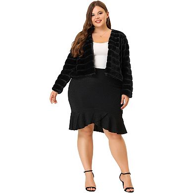 Women's Plus Size Open Front Plush Faux Fur Cropped Jacket