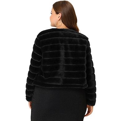 Women's Plus Size Open Front Plush Faux Fur Cropped Jacket