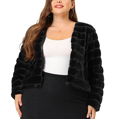 Women's Plus Size Open Front Plush Faux Fur Cropped Jacket